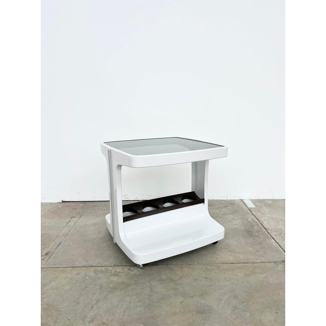 Vintage Rolling Bar Cart in White Plastic and Smoked Glass by Marc Held, 1970s For Sale - Image 11 of 13