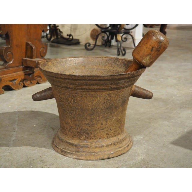 Large French Antique Cast Iron Mortar With Pestle, Circa 1800 For Sale - Image 10 of 11