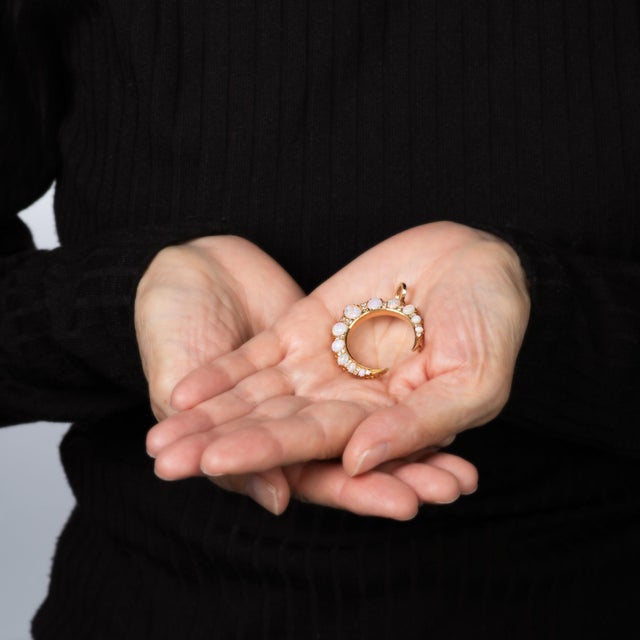 ​Antique Victorian Crescent Moon Pendant Opal Diamond 15k Gold Celestial Jewelry For Sale - Image 4 of 4