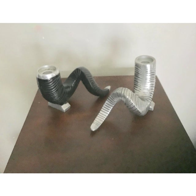 Early 21st Century Black and Silver Color Metal Ram Horn Candle Holders - a Pair For Sale - Image 5 of 8