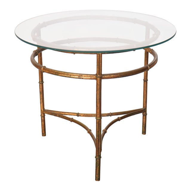 Mid 20th Century Bamboo Gilt Round Top Glass Top Side Table For Sale