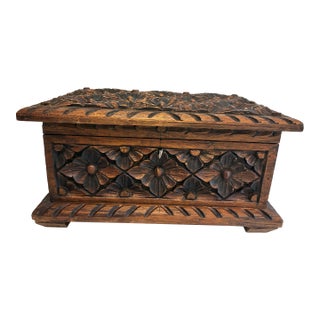 Vintage Hand-Carved Floral Wooden Chest For Sale