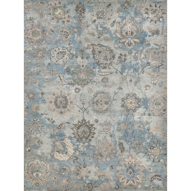 Exquisite Rugs Essex Hand-Knotted New Zealand Wool Ivory/Light Blue/Multi Rug-10'X14' For Sale