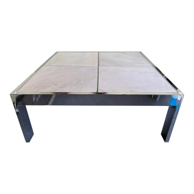 Leon Rosen for Pace Collection White Marble + Chrome Cocktail Table C1970s For Sale