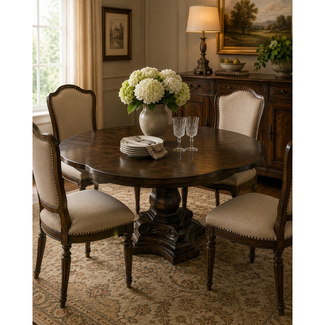 A beautifully crafted vintage Mastercraft dining table, likely late 1960s to 1970s, showcasing the rich character and...