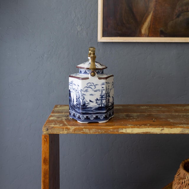 Ceramic 1960s Chinoiserie Nautical Maritime Earthenware Teapot With Blue Nautical Ships For Sale - Image 7 of 16