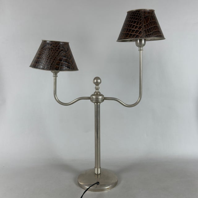 Table Lamp in Metal and Brown Leather, 1970s For Sale - Image 4 of 11