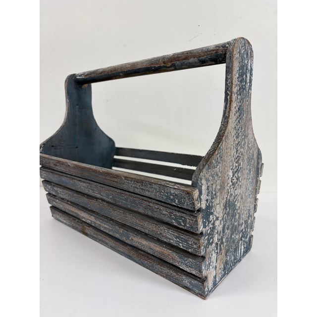 Gray Vintage Rustic Wooden Slatted Tool Caddy With Handle – Distressed Blue Gray For Sale - Image 8 of 13