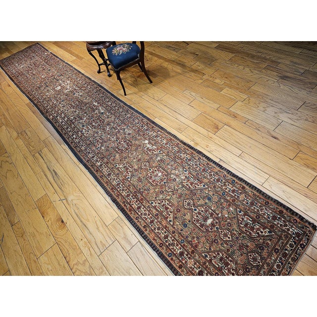 Antique Persian Serab Camel Hair Runner Rug, Hand-Knotted Wool, Geometric Pattern, Red & Green, 3x19 For Sale In Chicago - Image 6 of 18