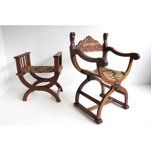 Set of Antique French Dagobert Curule Throne Armchair with Footstool in Caved Oak, 1900s For Sale - Image 3 of 18