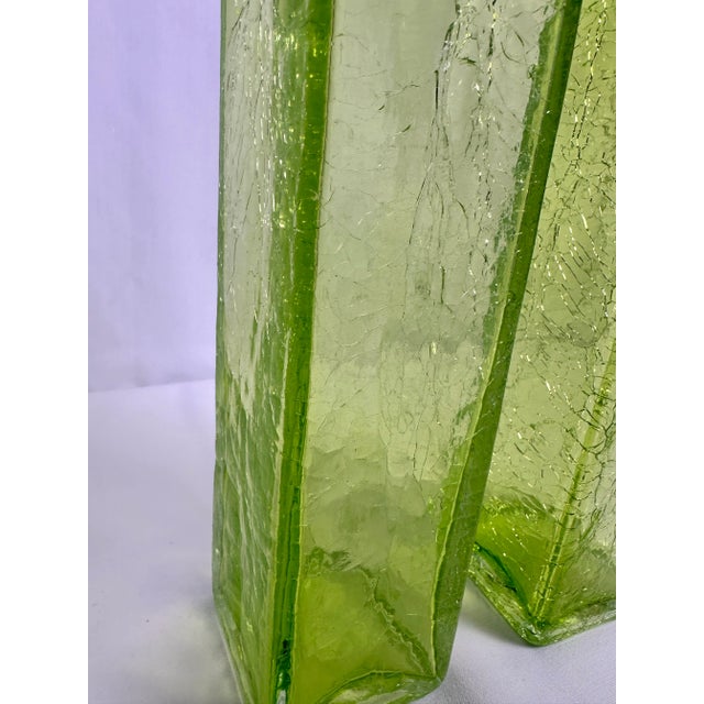 Mid-Century Modern Art Glass MCM Vibrant Green Vintage Crackle Finish Rectangular 10" Vases-Pair! For Sale - Image 3 of 10