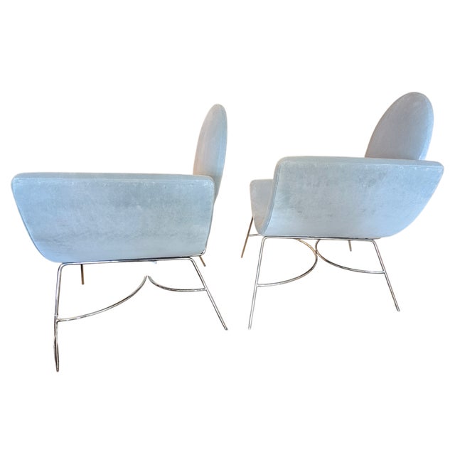 Gorgeous pair of Elroy chairs designed by Mitchell Gold and Bob Williams with original light sky- blue velvet upholstery...