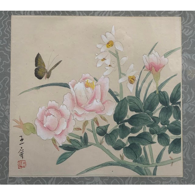 Pair of Original Chinese Watercolors of Flowers and Butterflies For Sale - Image 4 of 9