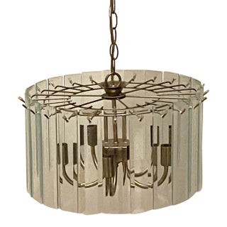 Vintage Mid-Century Brass & Glass 5-Arm Chandelier For Sale