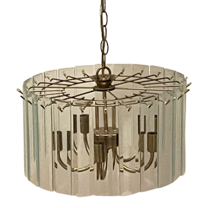 Vintage Mid-Century Brass & Glass 5-Arm Chandelier