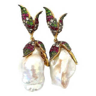 Bochic "Orient" Ruby, Topaz & Multi Fancy Gem Earrings Set In 18K Gold & Silver For Sale