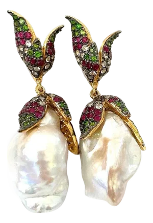 Bochic "Orient" Ruby, Topaz & Multi Fancy Gem Earrings Set In 18K Gold & Silver