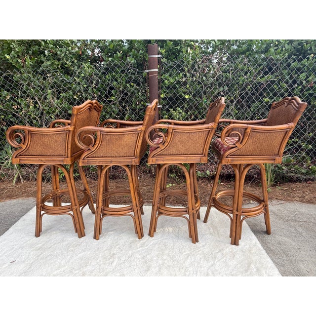 2000 - 2009 Set of 4 Vintage 30" Tommy Bahama Style Swivel Barstools For Sale - Image 5 of 17