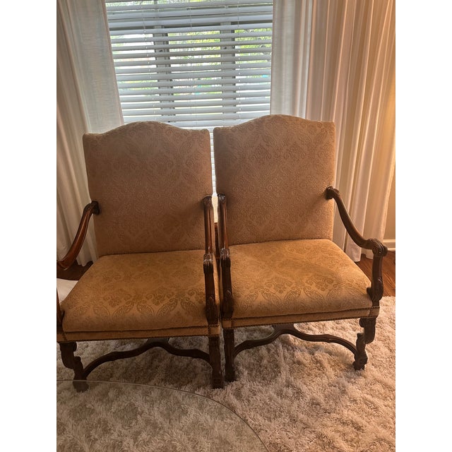 Pair of Sherrill Carved Wood Damask Armchairs With Nailhead Trim Pair of Sherrill Carved Wood Damask Armchairs With Nailhead Trim For Sale - Image 17 of 17