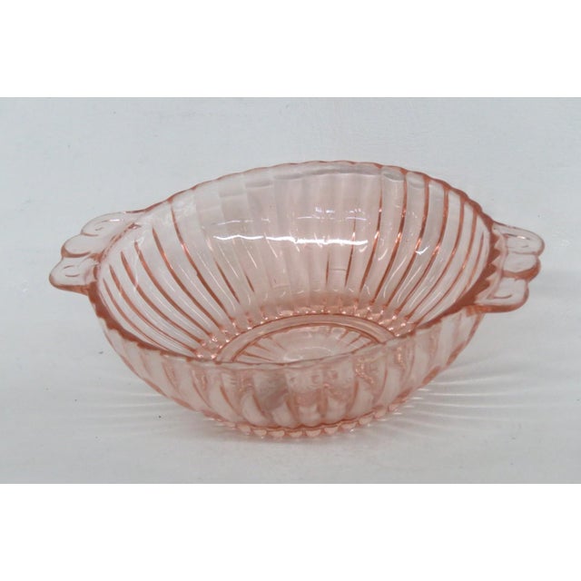 Art Deco 1930s Anchor Hocking Queen Mary Small Handled Serving Bowl Pink Depression Glass For Sale - Image 3 of 13