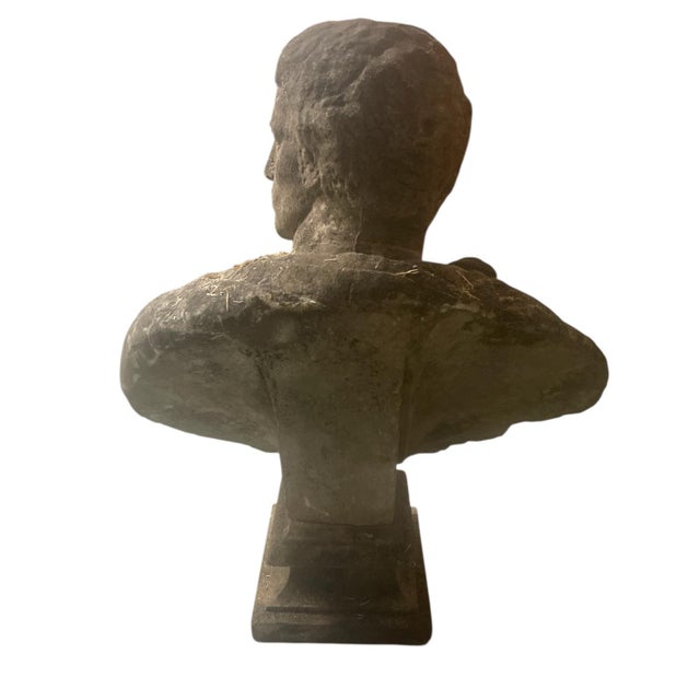 English 1970s Large 39" Neoclassical Weathered Cast Stone Male Bust For Sale - Image 3 of 8