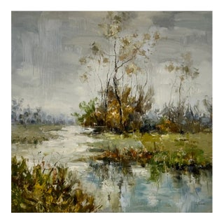 Moody Earth Tone Wetland & River Canvas - Original Acrylic Art For Sale