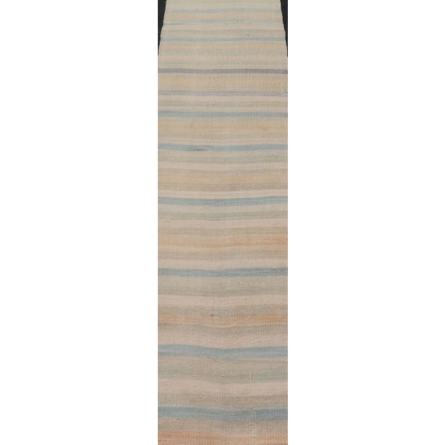 Vintage Turkish Kilim Runner Pastel Stripes Ivory Blue Beige Wool Rug For Sale - Image 4 of 11