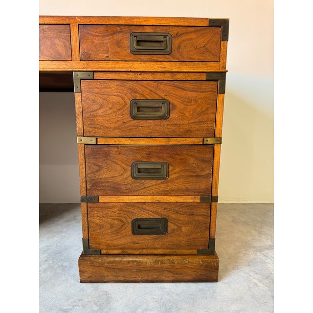 Baker Furniture Milling Road Hollywood Regency Campaign-Style Walnut Desk With Leather Top/ Sold For Sale In Miami - Image 6 of 12