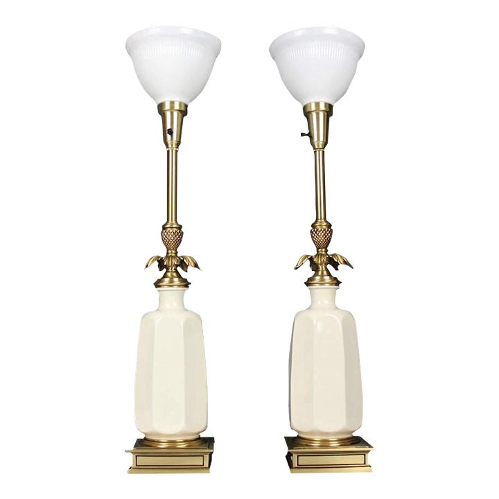 1960s Stiffel Cast Brass Pineapple, Lenox Porcelain Torchiere Table