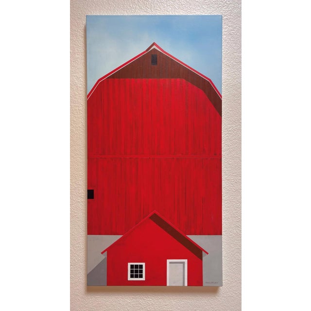 "Still the Heartland" is an acrylic on canvas landscape painting by Justin Wheatley, completed in 2026. A tall red barn...