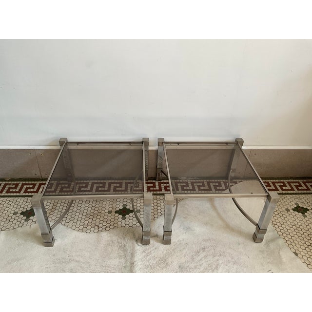 Mid-Century Modern Pair of Metal Deco Tables With Smoked Glass Tops, 1960's, French For Sale - Image 3 of 17