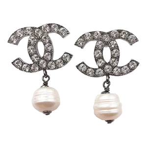 Chanel Gunmetal CC Crystal Faux Baroque Pearl Dangle Piercing Earrings - 2 Pieces