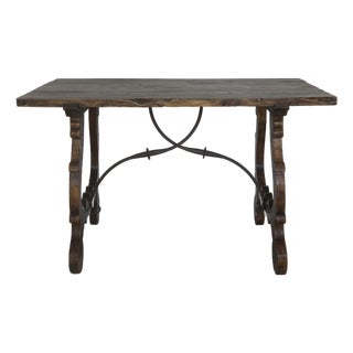 Rustic Spanish Style Solid Wood Console/Sofa Table,hand Carved Legs & Wrought Iron For Sale
