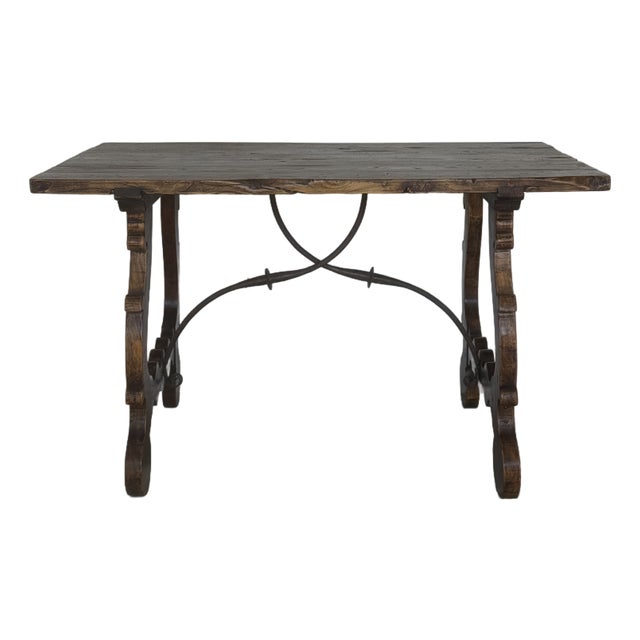 Rustic Spanish Style Solid Wood Console/Sofa Table,hand Carved Legs & Wrought Iron For Sale
