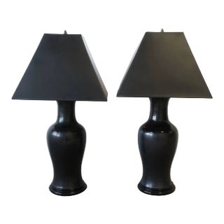 Black Ginger Jar Ceramic Pottery and Brass Table Lamps, Pair For Sale
