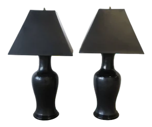 Black Ginger Jar Ceramic Pottery and Brass Table Lamps, Pair