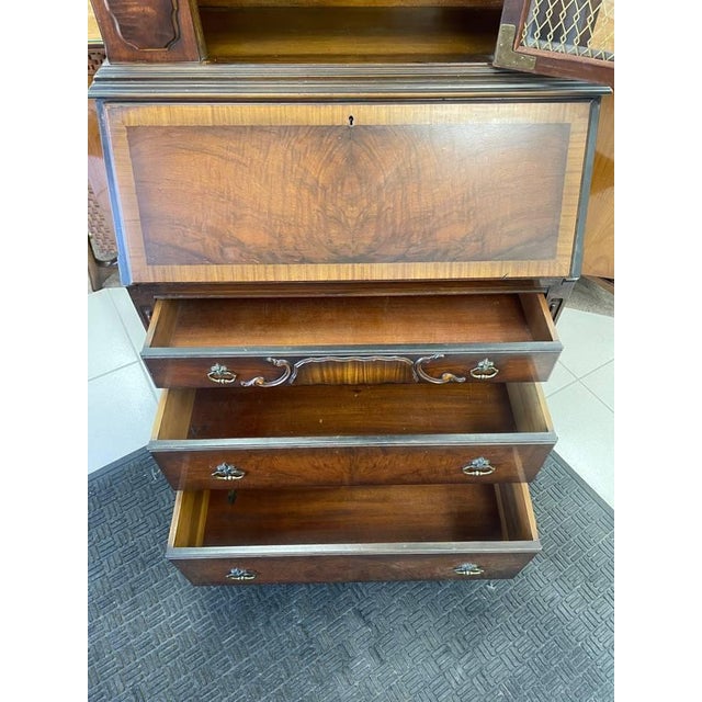 Brown Antique Secretary Desk, Brass Backed Screen Glass Door, Burl Wood Inlay, Two Shelves For Sale - Image 8 of 12