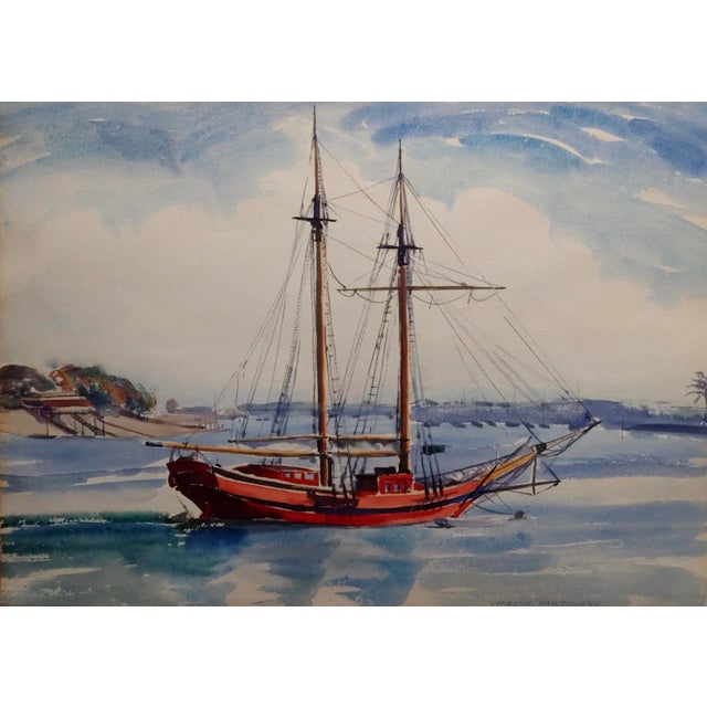 Virgene Hawthorne - Red Sail Boat Resting at Bay - 1950s Painting For Sale - Image 4 of 9