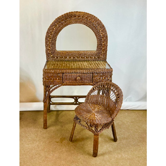 Mid-Century Boho Chic Coastal Arts & Crafts Wicker Vanity, Mirror & Chair - Set of 3. For Sale - Image 6 of 14