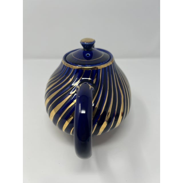 English Arthur Wood Cobalt & Gilt Teapot | English Staffordshire, C. 1930s For Sale - Image 3 of 12