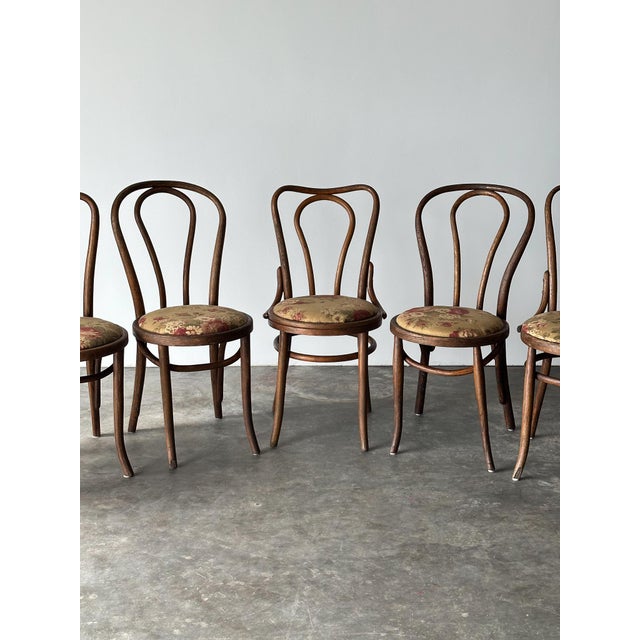 Bentwood Oak Café Chairs W/ Rose Floral Seats, 1933 World's Fair — Set of 7 For Sale - Image 4 of 17