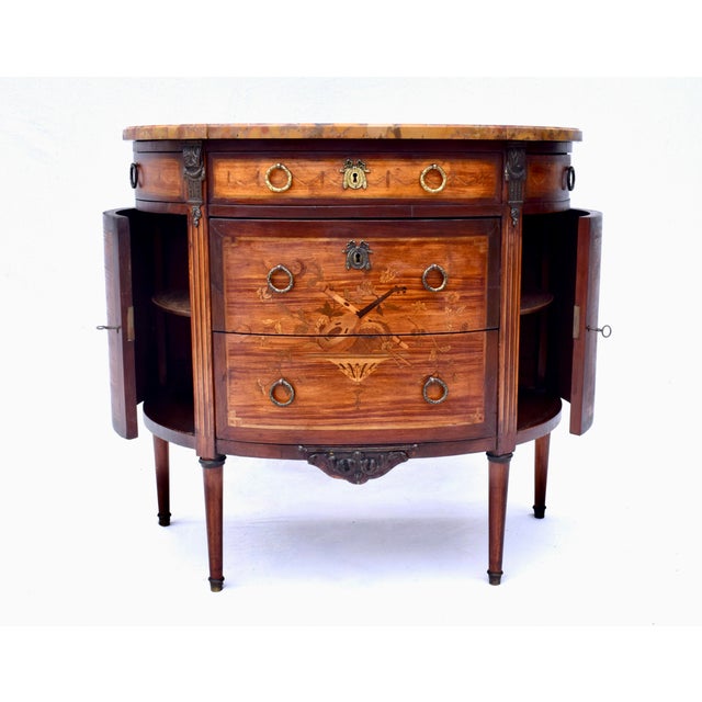 French French 19th Century Marquetry Demi-Lune Server Commode, Specimen Marble Top For Sale - Image 3 of 17