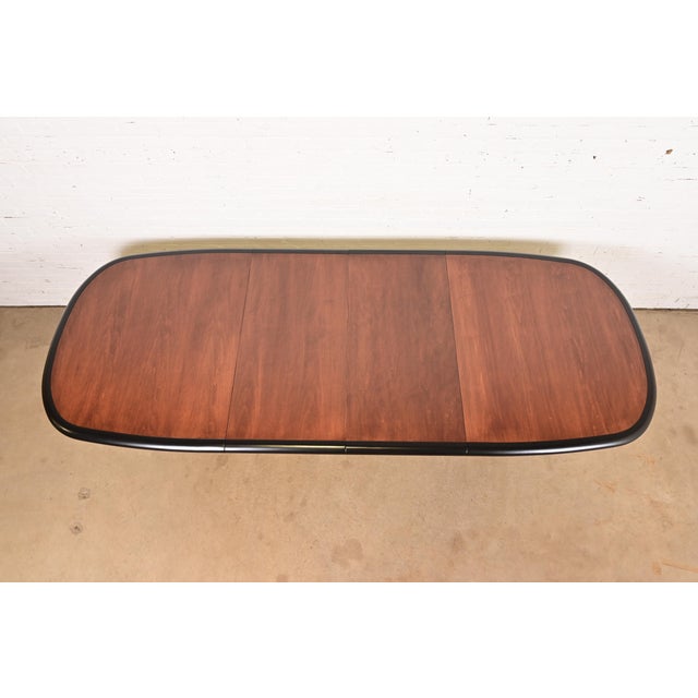 Drexel Heritage Drexel Heritage Modern Art Deco Walnut and Black Lacquered Double Pedestal Extension Dining Table, Newly Refinished For Sale - Image 4 of 14