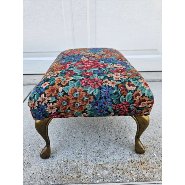 1970s Floral Print Footstool With Brass Colored Legs For Sale - Image 5 of 10