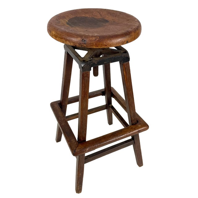 Metal Antique 1910s 30" Tall Industrial Architect's Draftsman Stool - Adjustable Wood & Cast Iron Swivel Seat For Sale - Image 7 of 18