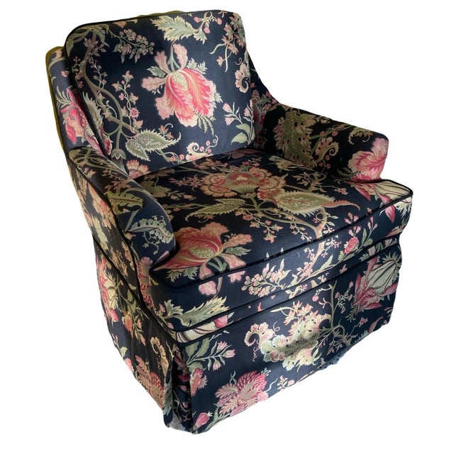 A well preserved and charming mid-century Cottage Core floral on black club chair with skirt.