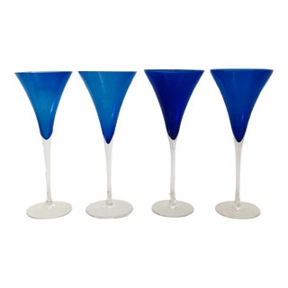 Blown Glass Cobalt Blue Champaign Flutes - Set of 4 For Sale