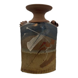 Late 20th Century Brutalist Terracotta Sculptural Vase With Relief Faces For Sale