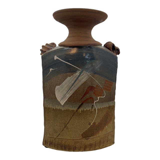 Late 20th Century Brutalist Terracotta Sculptural Vase With Relief Faces For Sale