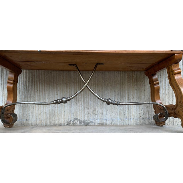 Late 19th Century Spanish Bench or Low Console Table with Drawers, Lyre Legs and Iron Stretcher For Sale - Image 13 of 18